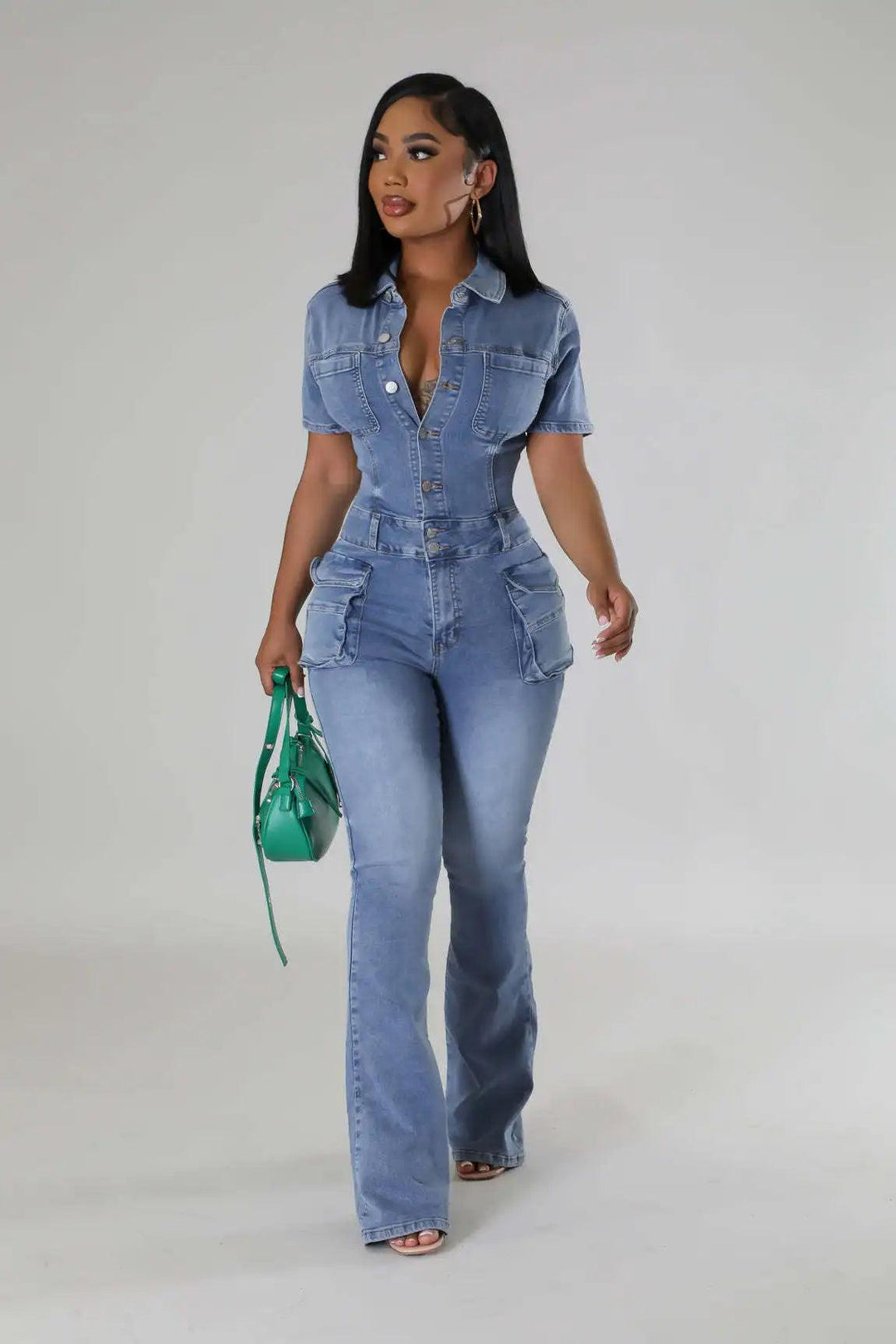 Women Jumpsuit Fashion Pocket Short Sleeve Tight Waist Denim Jumpsuits Lady Slim Fit Stretch Washed Flare Leg Jeans Jumpsuits-THAT FASHION STORE