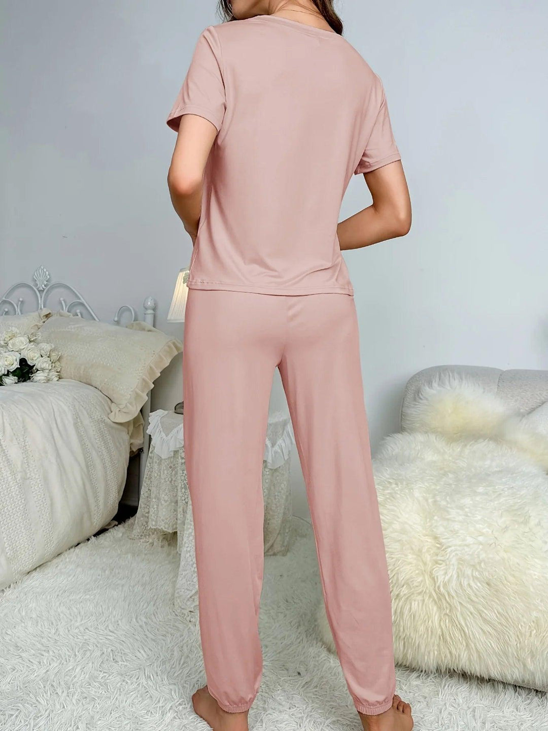 Women's new style pajamas short sleeve trousers elegant casual two-piece solid color home wear-THAT FASHION STORE