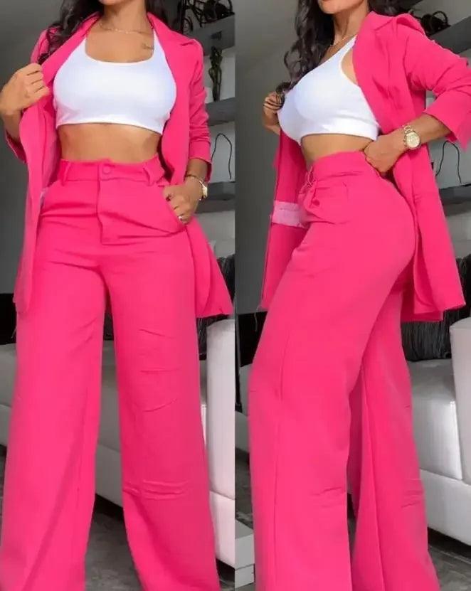 Two Piece Set Women Outfit 2024 Autumn Fashion Notched Collar Long Sleeve Blazer Coat & Elegant Pocket Design Work Pants Set-THAT FASHION STORE