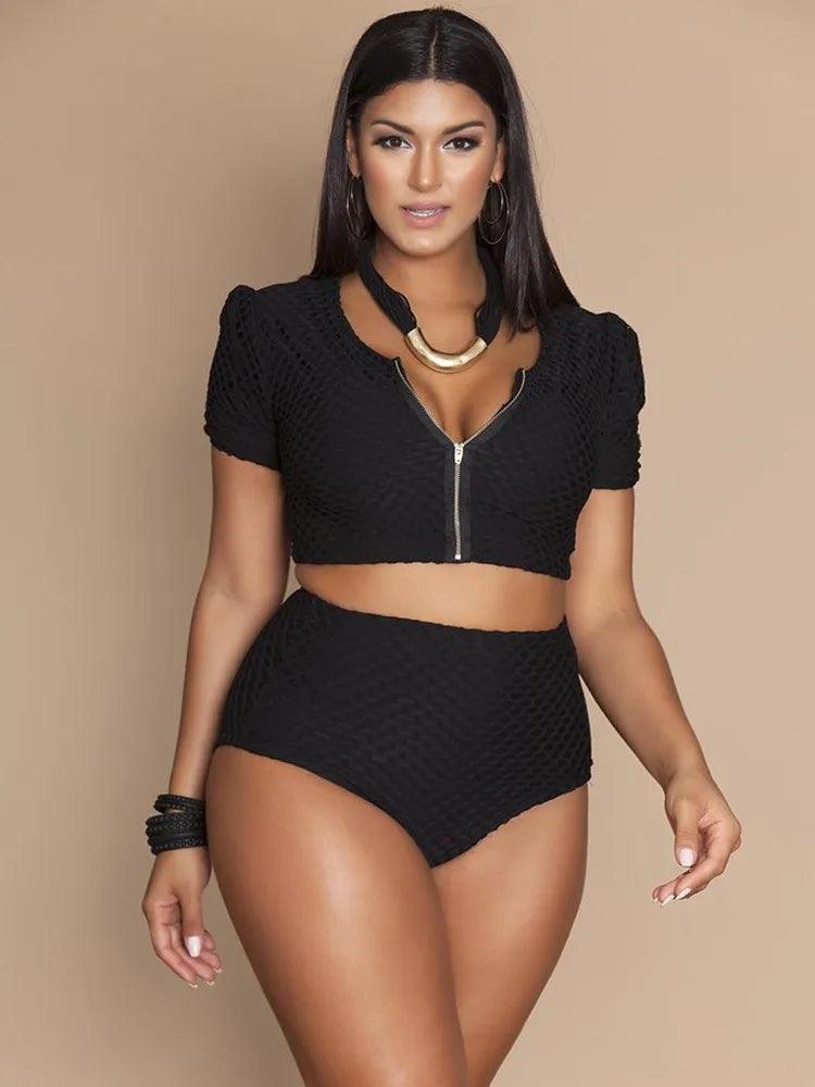 Sexy Large Size Bikini Set Women Swimwear 2023 New 2-piece Swimsuit Monokini Female Zipper Short Sleeve Bathing Suit Plus Size-THAT FASHION STORE