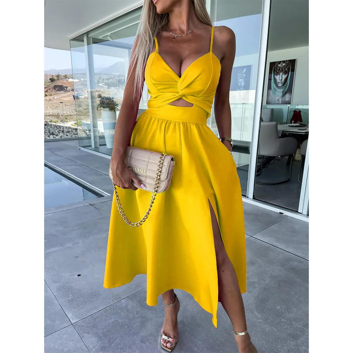 Solid Big Hem Dresses Women Sexy V-neck Backless Summer Fashion Twist Design Hollow Out Long Casual Sleeveless Sling Dress-THAT FASHION STORE