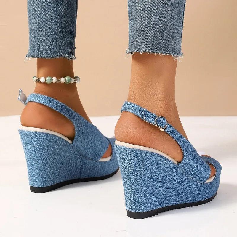 DOGHC 2024 NEW Size 35-43 Shoes for Women Ankle Buckle Wedges Sandals for Women Summer Denim Sandal Comfortable Thick Sole-THAT FASHION STORE