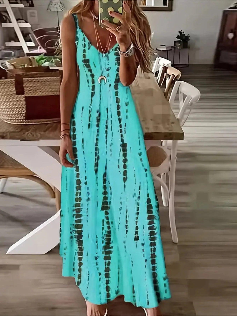 Women's Casual Loose V-neck Tie Dye Printed Spaghetti Maxi Dress Summer Beach Vacation Long Dress-THAT FASHION STORE