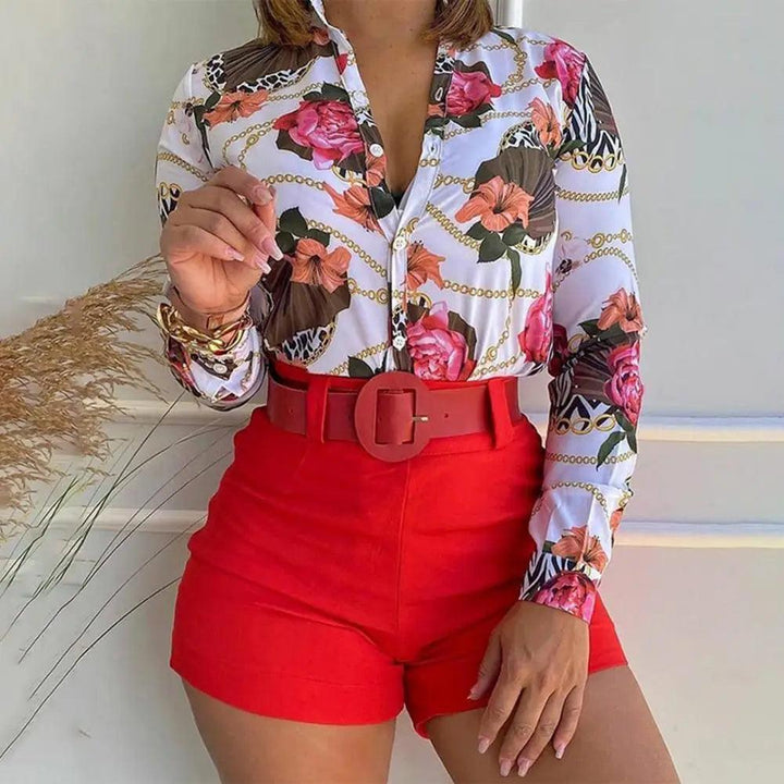 Women's Shorts Suit Summer Fashion Sexy V Neck Long Sleeve Shirts Slim Wear A Belt Elegant Female Blouse Office Two Piece Set-THAT FASHION STORE