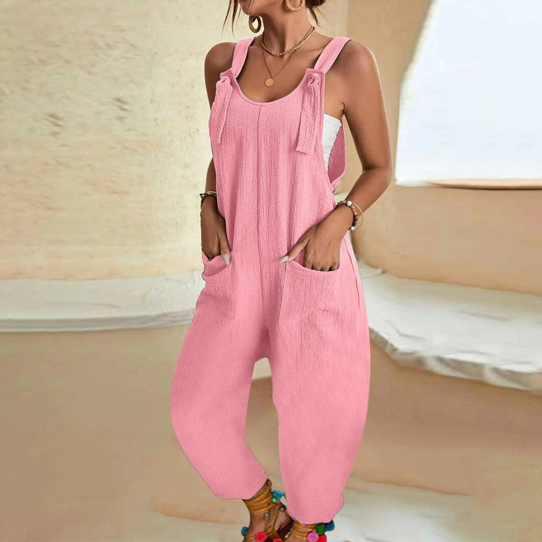 Women's Casual Summer Short Rompers Overalls 2024 Loose Sleeveless Tie Knot Strap Jumpsuits with Pockets Loose Casual Romper-THAT FASHION STORE