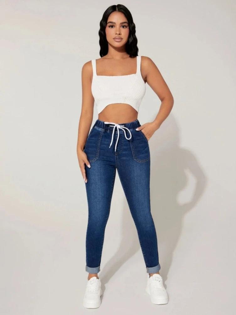 2023 Autumn and Winter Women's High Stretch Elastic Waist Drawstring Jeans Fashion Skinny Slim Ankle-Length Denim Pencil Pants-THAT FASHION STORE