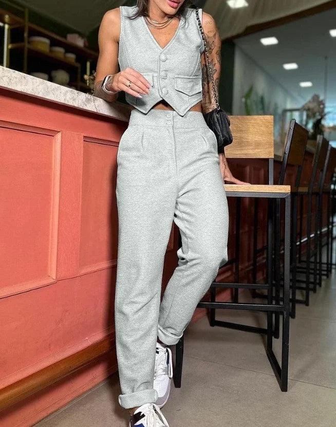 Two Piece Set Women Outfit 2024 Summer Fashion V-Neck Buttoned Sleeveless Vest Top & Casual High Waist Pocket Daily Pants Set-THAT FASHION STORE