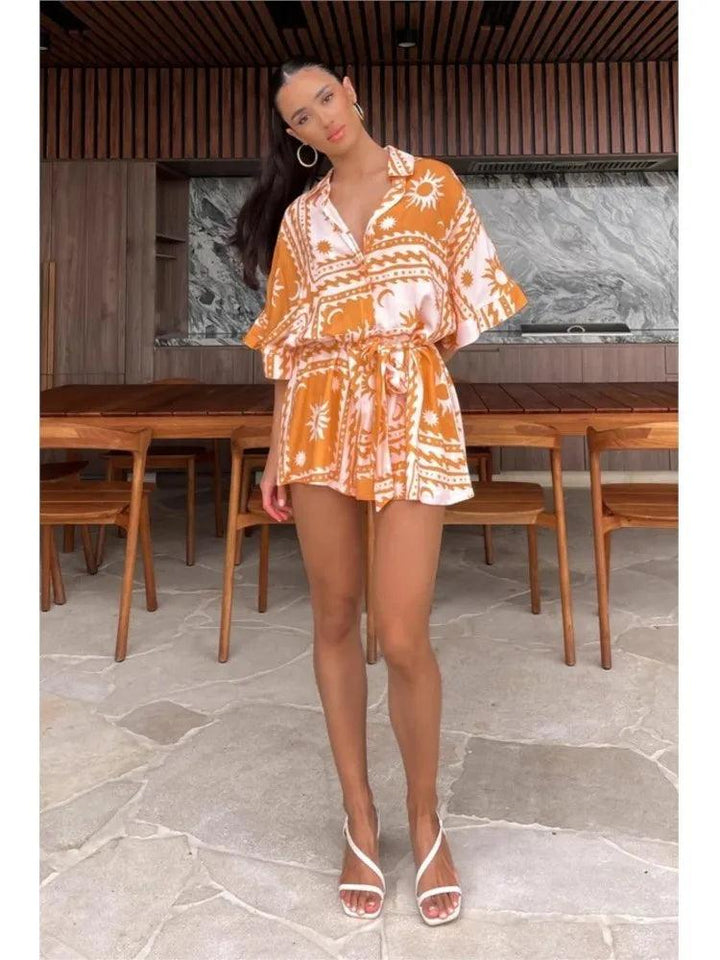 Fashion Printed Chic Jumpsuits Shorts Summer Women V-neck Casual Beach Vacation High Waist Leace-up Bodysuits Fashion Streetwear-THAT FASHION STORE