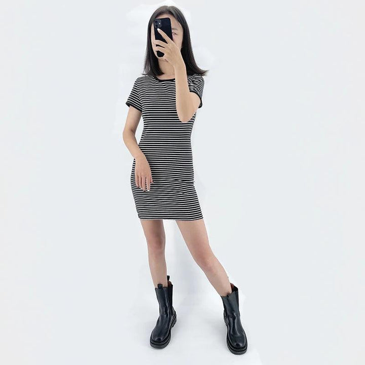 Summer Round Neck Enough Stock Short-sleeved Dress Black And White Striped Dresses Casual Elegant Sheath Slim Dress-THAT FASHION STORE