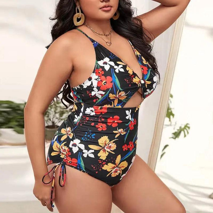 2024 New High Waisted Swiming Suits Plus Size Floral Print Cutout Drawstring Monokini One Piece Swimsuit Women-THAT FASHION STORE