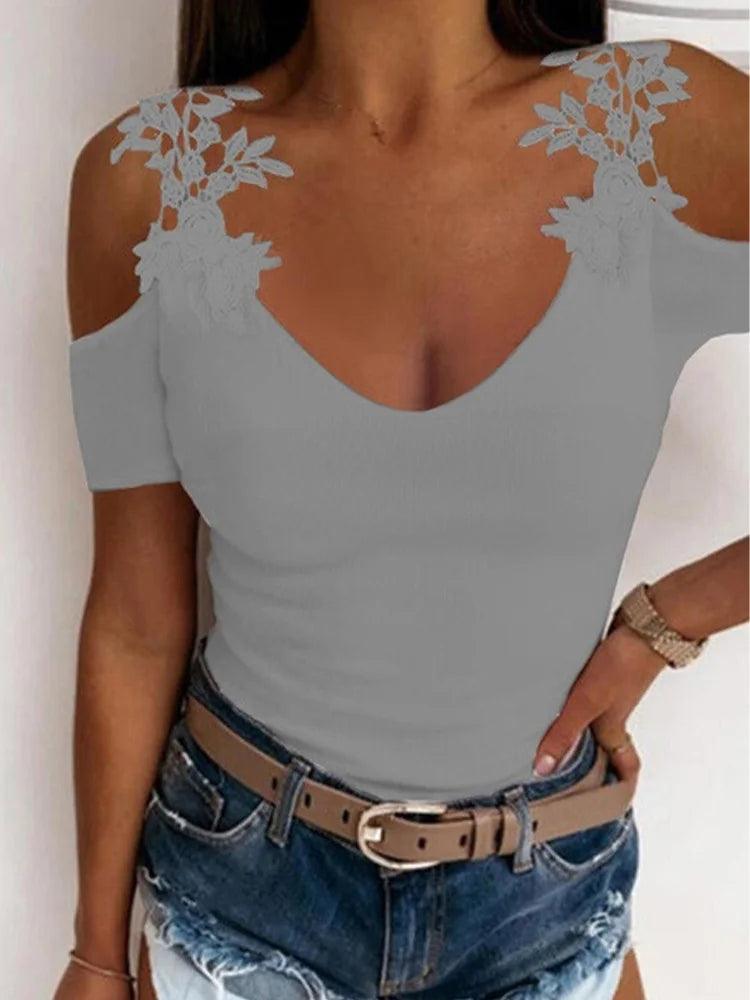 Sexy Off Shoulder Lace Short sleeved Women's Solid V-neck T-shirt Top-THAT FASHION STORE