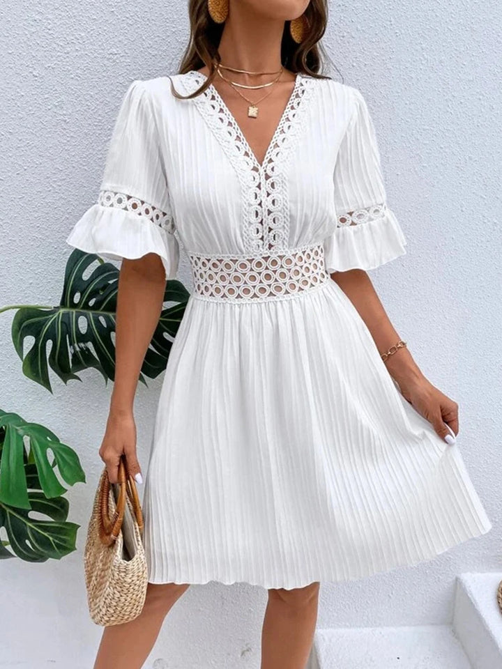 New women's fashion elegant casual V-neck woven hollow texture solid color simple waist dress - THAT FASHION STORE