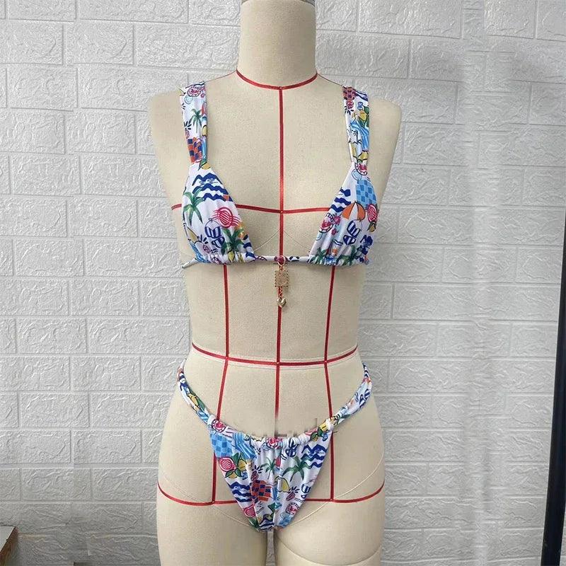 BEACHCICI Bikini 2 Piece Set Women Summer Sexy Fashion Printed Suspender Tie up Pleated Backless Lace Up Holiday Beach Swimsuit-THAT FASHION STORE