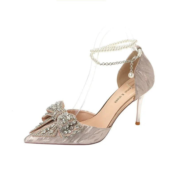 2024 Summer Luxury Women's High Heel Sandals Rhinestone Butterfly Pearl Champagne Party Wedding Shoes Birthday High Heels-THAT FASHION STORE