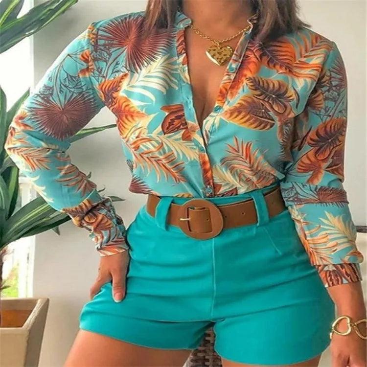 Womens Two Piece Sets Outfit Leaf Print Button Down Shirt & Shorts Set New Fashion 2023 Summer Casua Female Clothing Outfits-THAT FASHION STORE