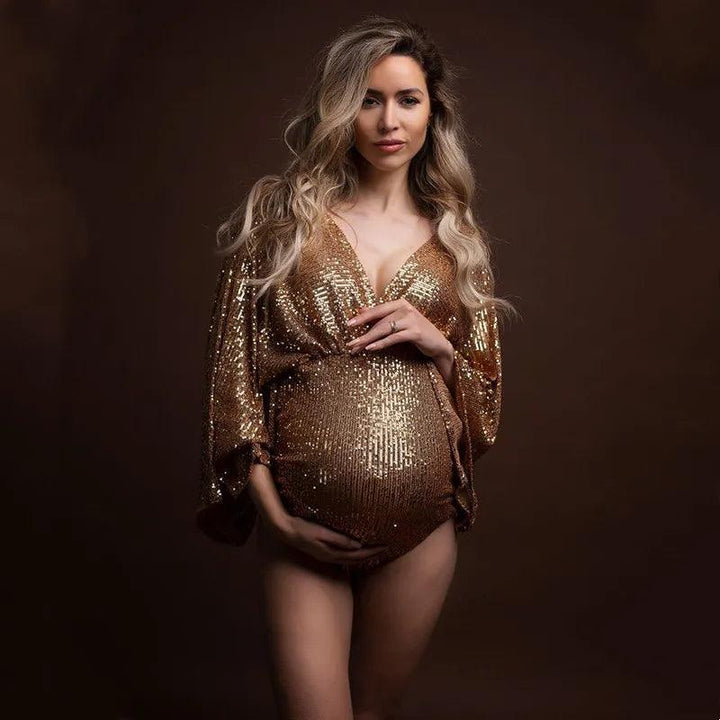 Luxurous Sequins Maternity Photography Bodysuits V-neck Boho Sequined Pregnancy Jumpsuits-THAT FASHION STORE