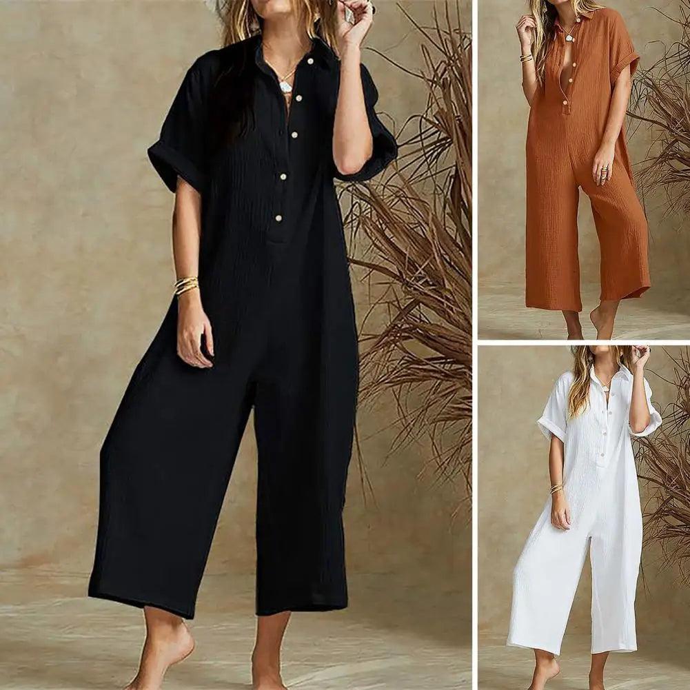 Women Jumpsuit Summer Overalls Short Sleeve Rompers With Pockets Wide-Leg Baggy Pants Vintage Jump Suit One-Piece Girls Playsuit-THAT FASHION STORE