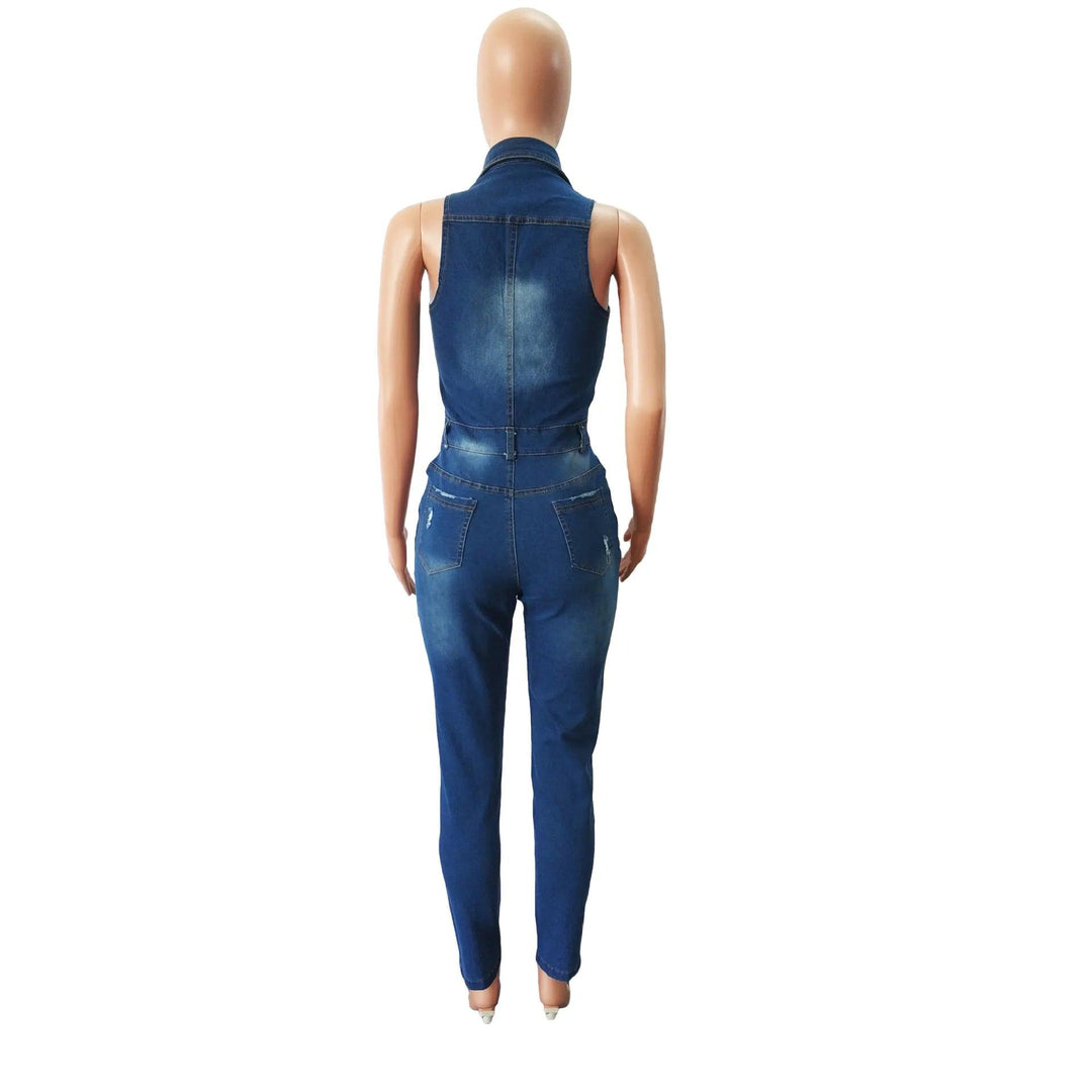 Jeans Stretch Overalls Buttons Female Turn Down Skinny Blue Denim Casual Jumpsuit Rompers-THAT FASHION STORE