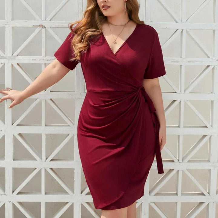 Plus Size Women Dress V-neck Short Sleeve Elegant Dress High Waist Side Lace-up Pleated Knee-length Gown Dress-THAT FASHION STORE