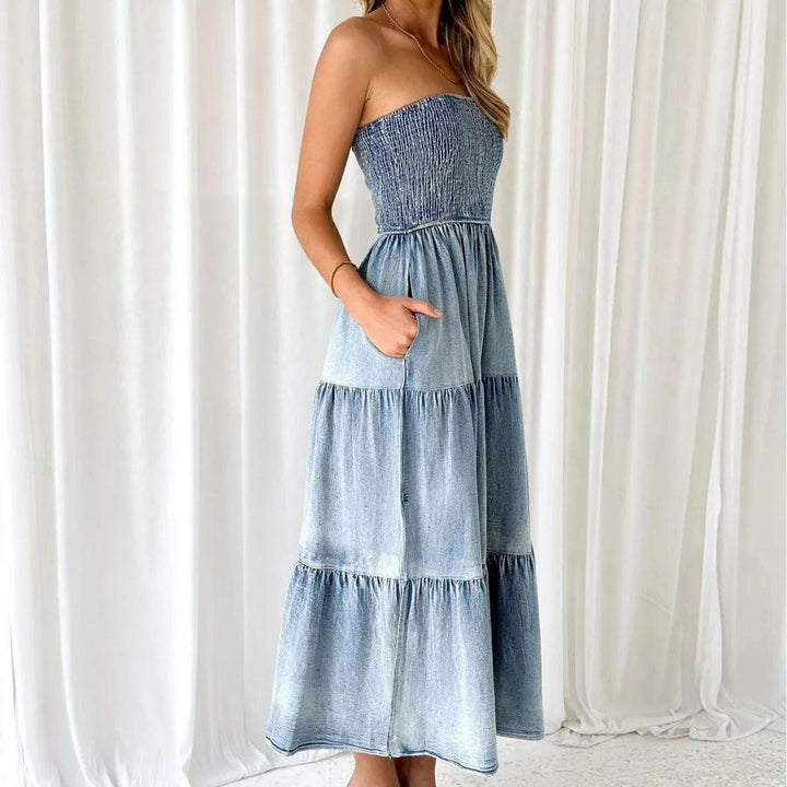 2024 New Elegant Holiday Strapless Long Dress for Summer Vestidos Hem Stitching Side Split Fashion Women Denim Long Dress-THAT FASHION STORE