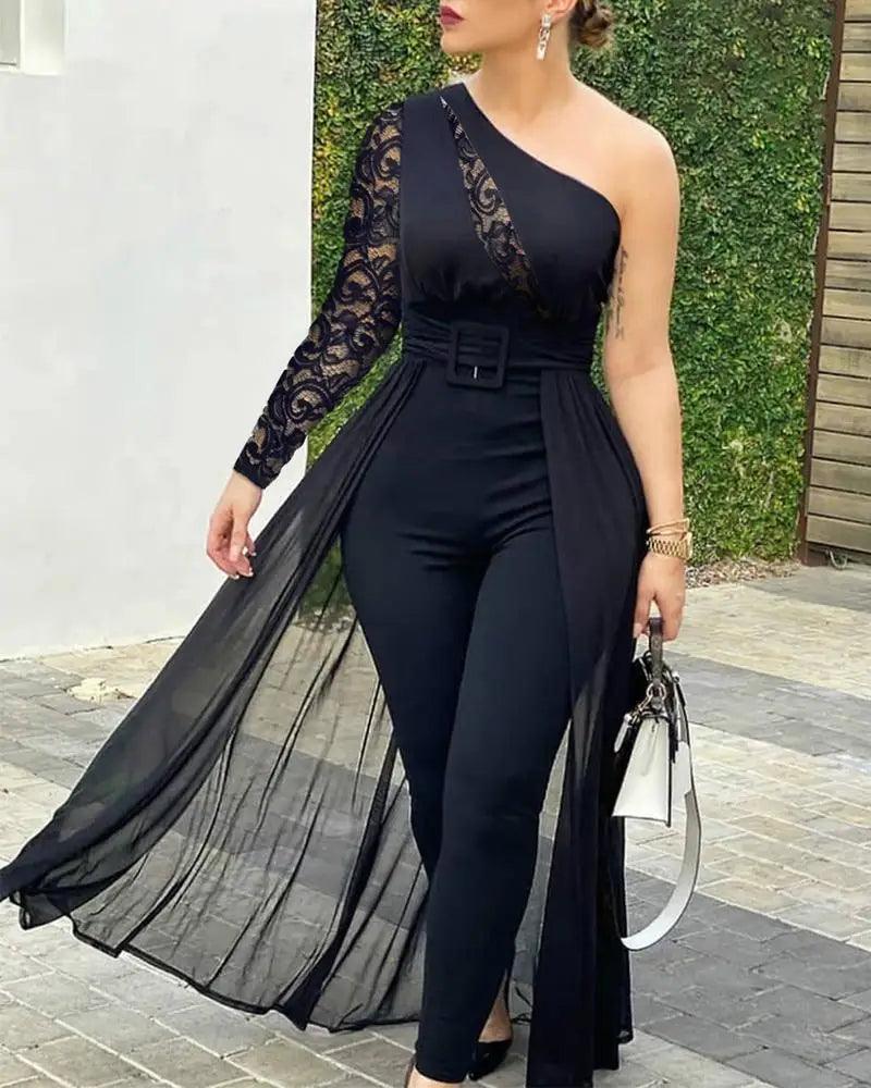 2024 Summer Women's Sexy Round Neck Rhinestone Sheer Mesh Sleeveless Jumpsuit with Belt New Fashion Rompers Womens Jumpsuit-THAT FASHION STORE