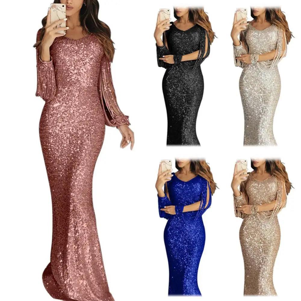 Elegant Ladies Vestidos Plus Size Chic Women Tassel Lantern Sleeve Sequined Tassel Long Sleeve V Neck Bodycon Party Maxi Dress-THAT FASHION STORE