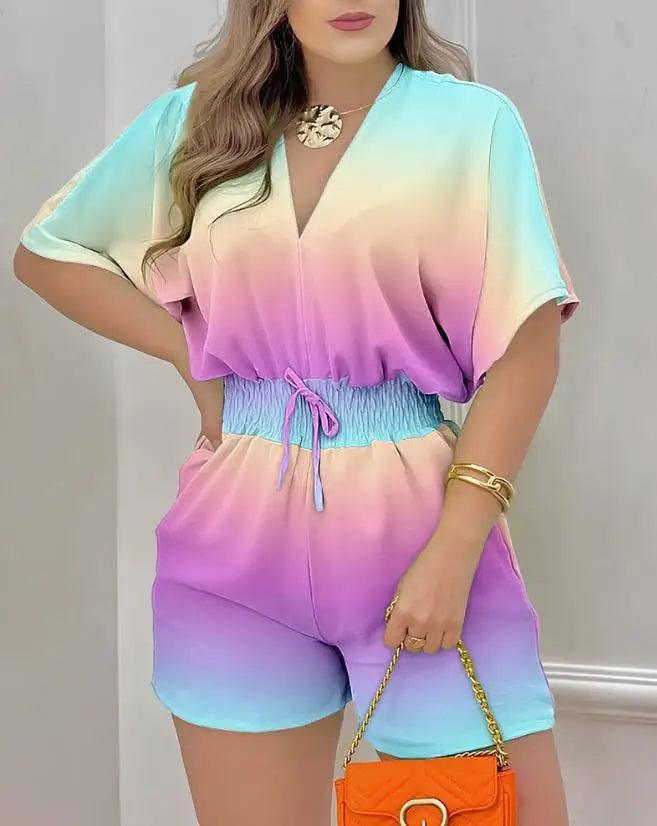 Jumpsuit Women 2023 Summer Fashion Batwing Sleeve Shirred Waist Casual Plain V-Neck Short Sleeve Above Knee Romper Streetwear-THAT FASHION STORE