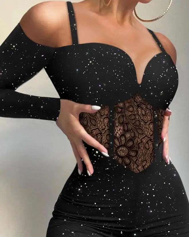 Sexy Party Night Out Jumpsuit Women Elegance 2022 Plain Glitter Cold Shoulder Long Sleeve Contrast Lace Corset Skinny Jumpsuit-THAT FASHION STORE