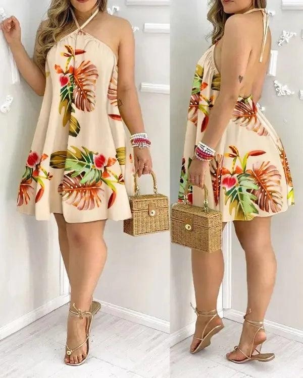 Tropical Print Halter Neck Dress, Vacation Style Backless Dress For Spring & Summer, Women's Clothing-THAT FASHION STORE