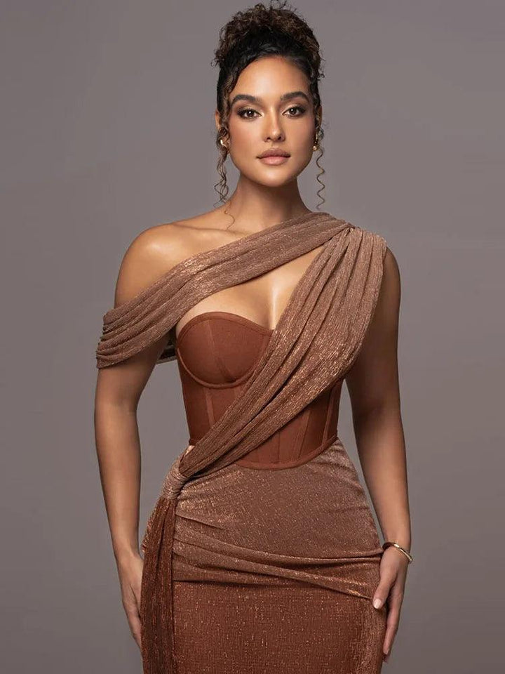 Sexy One Shoulder Draped Glitter Long Dress Women Brown Corset Sparkly Backless Bodycon Maxi Dresses Evening Party Gowns-THAT FASHION STORE