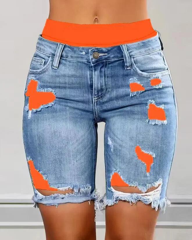 2023 Elegant Summer New Fashion Women's Colorblock Letter Print Ripped 2-In-1 Denim Skinny Shorts Female Casual Bottom-THAT FASHION STORE