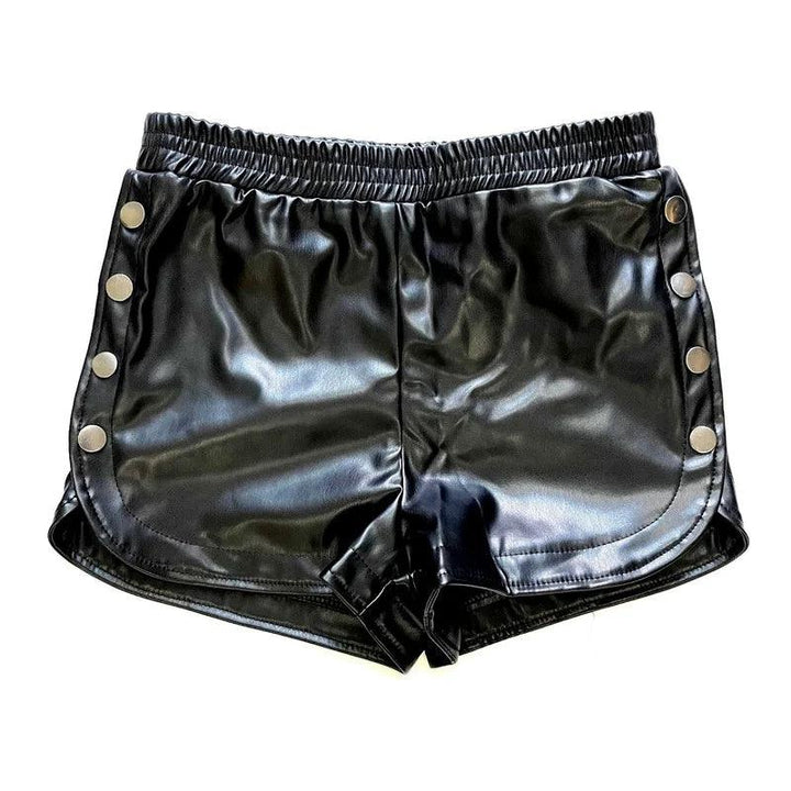 Women Faux Leather Shorts Pants High Waist Side Button Elastic Waist Black Latex Trousers Casual Outfits Streetwear Biker Shorts-THAT FASHION STORE