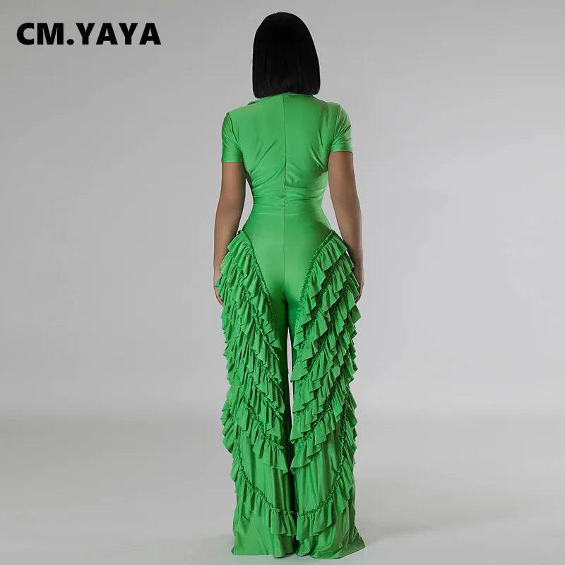 CM.YAYA Fashion Women Mult Ruffles Short Sleeve Zipper Fly Wide Leg Shirt Jumpsuit 2024 Streetwear Romper One Piece Set Playsuit-THAT FASHION STORE