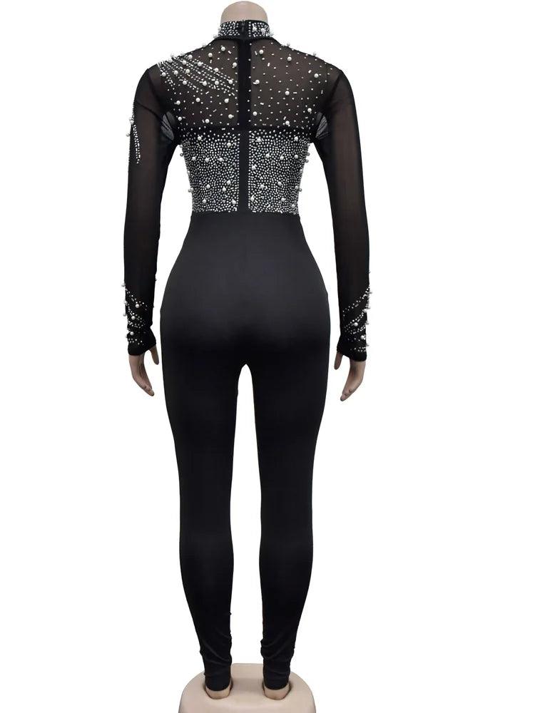 Beyprern Women's Sheer Mesh Crystal Jumpsuits One Piece Outfits Glam Fitted Long Sleeve Pearls Rhinestone Rompers Club Overalls-THAT FASHION STORE