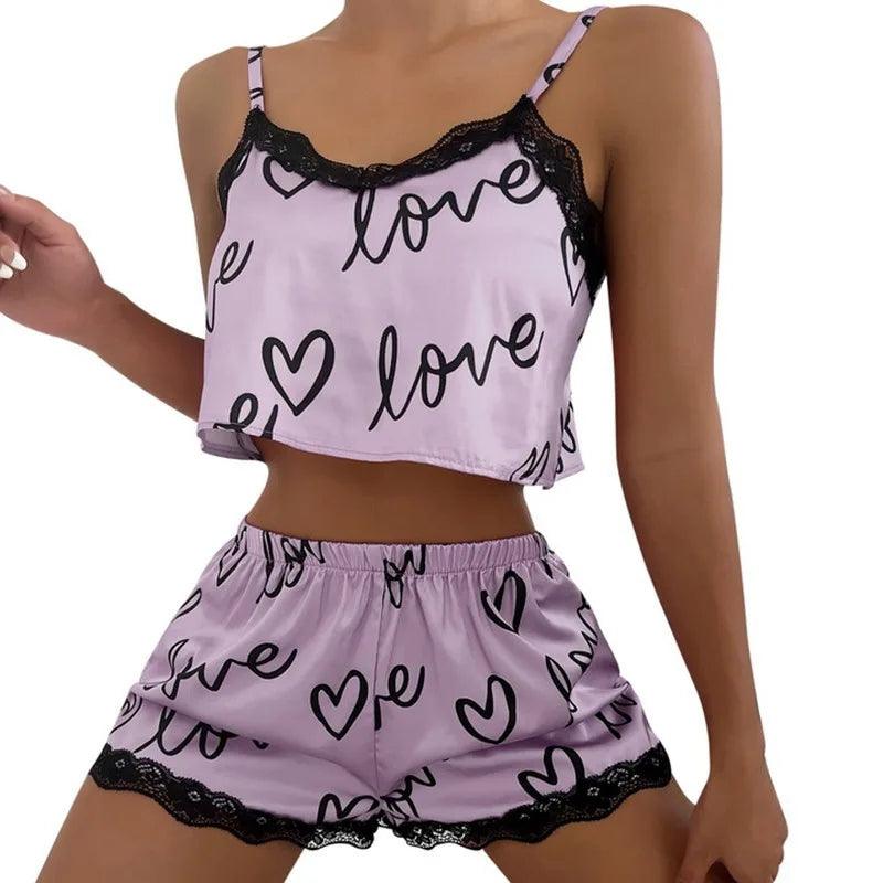 2 Pieces Set Women'S Pajama Shorts Suit Homewear Print Underwear Pijama Sexy Lingerie Camisoles Tanks Nighty Ladies Sleepwear-THAT FASHION STORE