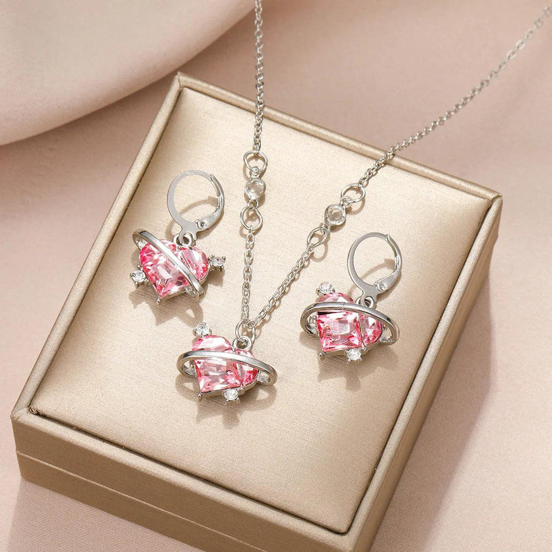 New Fashion Earrings Necklaces Set for Women Heart-shaped Zircon Pink Crystal Pendant Necklace Women's Jewelry Exquisite Gifts-THAT FASHION STORE