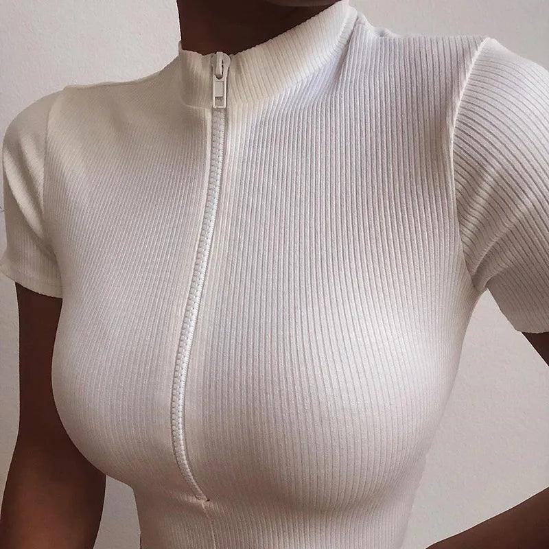 YUZHEXI Zipper Knit Top Women Bare Waist Short Sleeve White T Shirt Spring Summer 2024 Bodycon Active Jogging Crop Tops Cute Y2k-THAT FASHION STORE