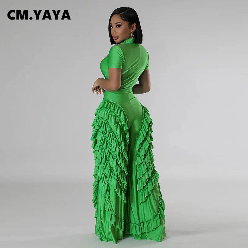 CM.YAYA Fashion Women Mult Ruffles Short Sleeve Zipper Fly Wide Leg Shirt Jumpsuit 2024 Streetwear Romper One Piece Set Playsuit-THAT FASHION STORE