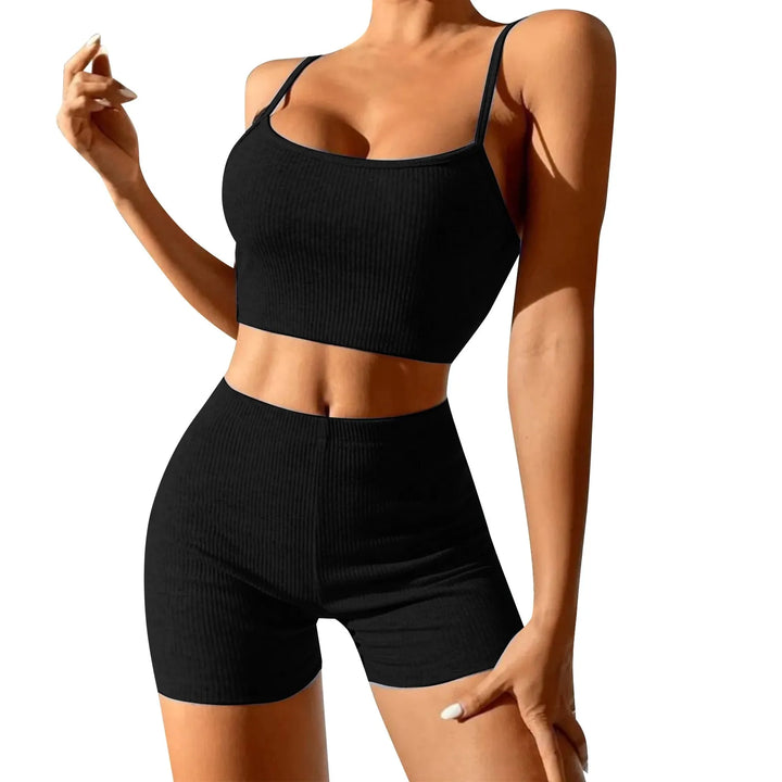 Sleek Ribbed Knitted 2-Piece Set with Sexy Suspender Design and Short Outfits for Fashionable Yoga and Sports - THAT FASHION STORE