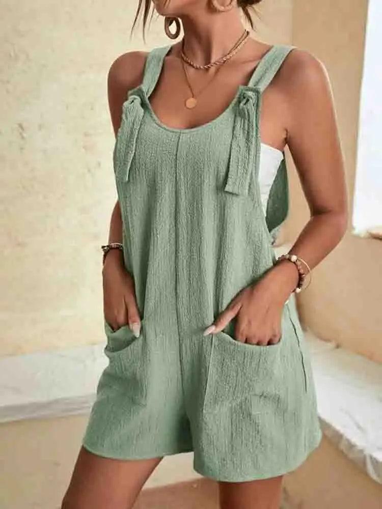 Women's Casual Summer Short Rompers Overalls 2024 Loose Sleeveless Tie Knot Strap Jumpsuits with Pockets-THAT FASHION STORE