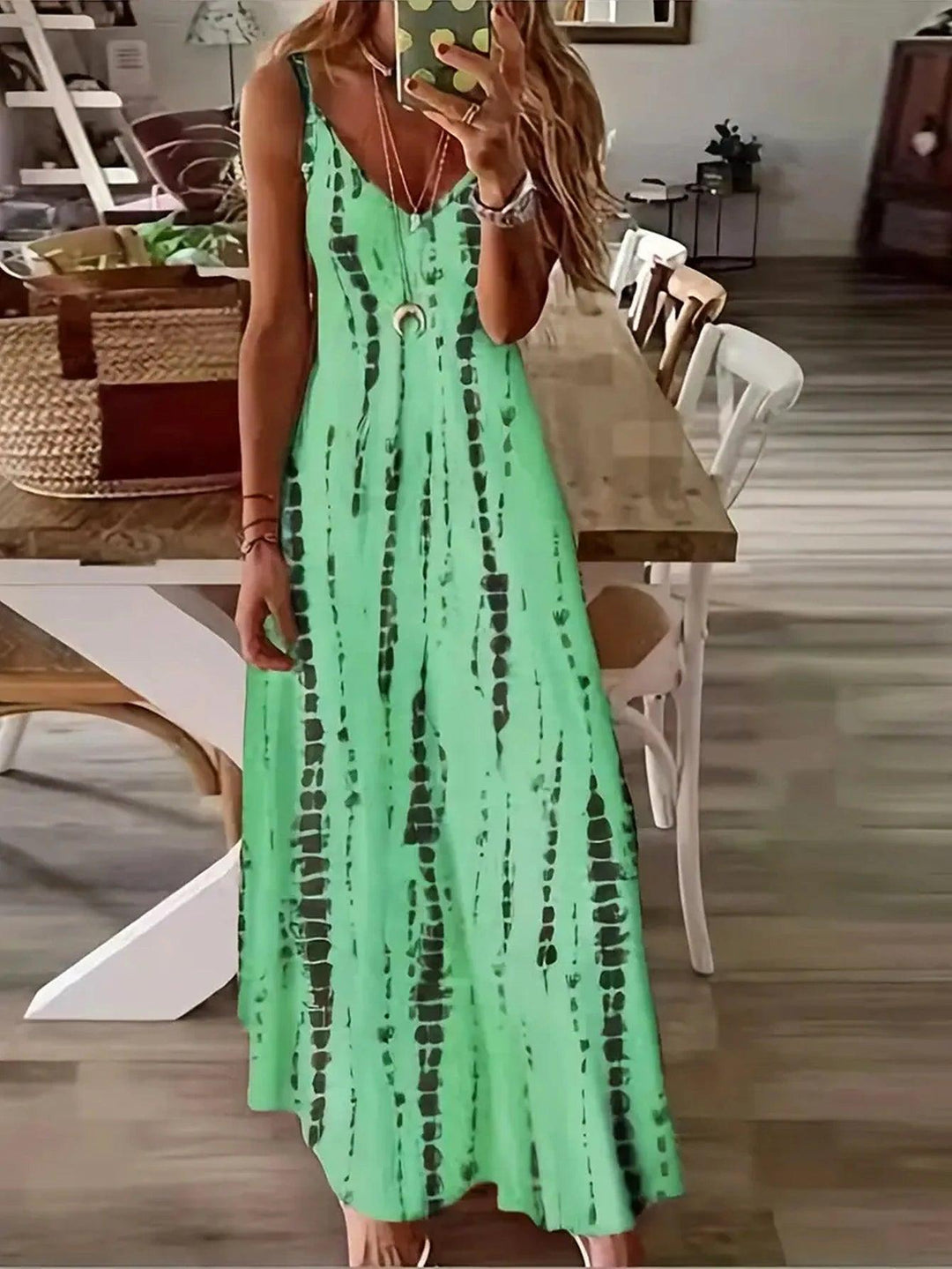 Women's Casual Loose V-neck Tie Dye Printed Spaghetti Maxi Dress Summer Beach Vacation Long Dress-THAT FASHION STORE