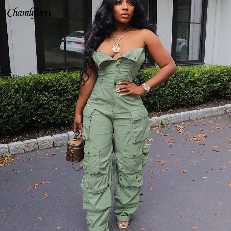 Fashion Women Jumpsuit Strapless Button Front Ruched Cargo Jumpsuit 2023 Autumn Sexy Party Street Playsuit Romper-THAT FASHION STORE