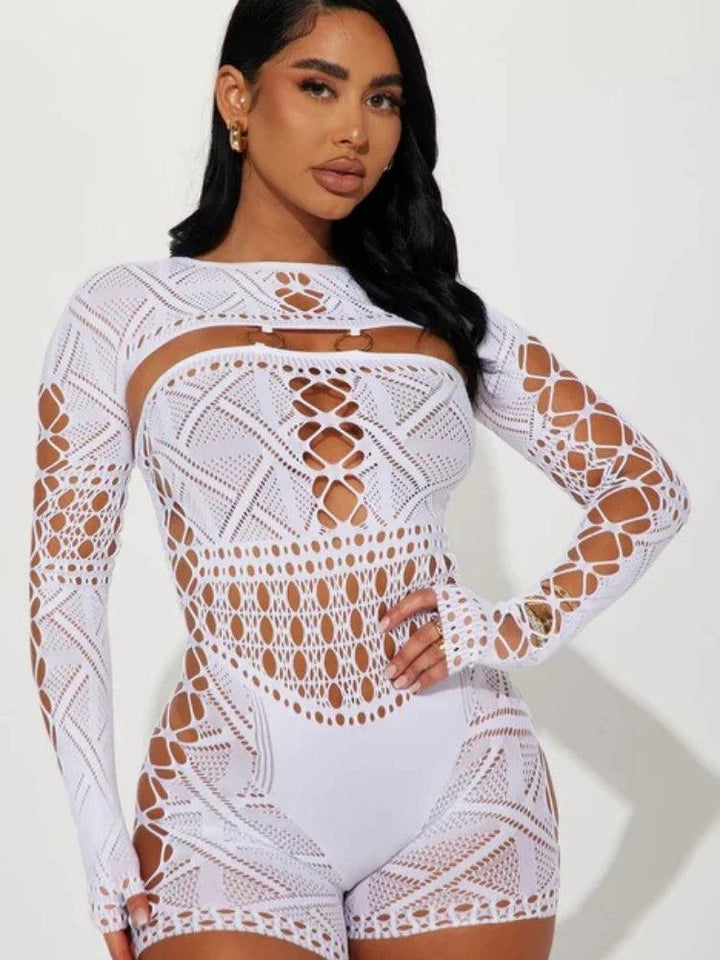 Sexy See Through Mesh Playsuit Women Rompers Long Sleeve Hollow Out Skinny Night Club Outfit One Pieces Jumpsuit Shorts Bodysuit-THAT FASHION STORE