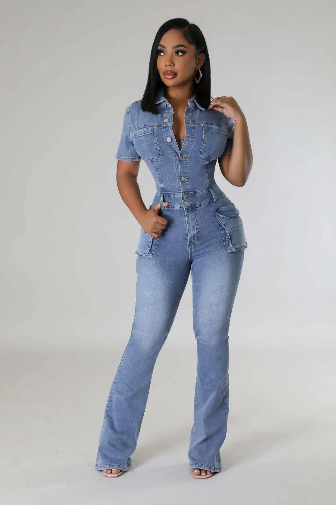 Women Jumpsuit Fashion Pocket Short Sleeve Tight Waist Denim Jumpsuits Lady Slim Fit Stretch Washed Flare Leg Jeans Jumpsuits-THAT FASHION STORE