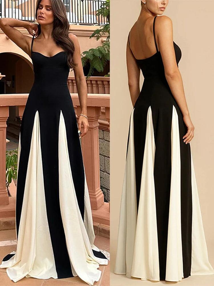 Black White Patchwork Strap Maxi Dress Women Sexy Sleeveless Female Sling Elegant Party Dresses 2024 New Club Vestidos Fashion-THAT FASHION STORE