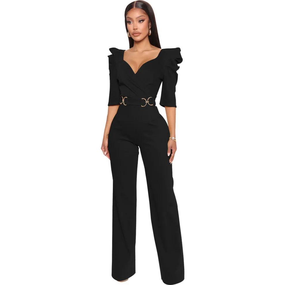 Yellow Rompers for Women XXL Fashion V Collar Short Sleeve Rompers Women Jumpsuits 2023 Club Lace Up High Waist Elegant Jumpsuit-THAT FASHION STORE