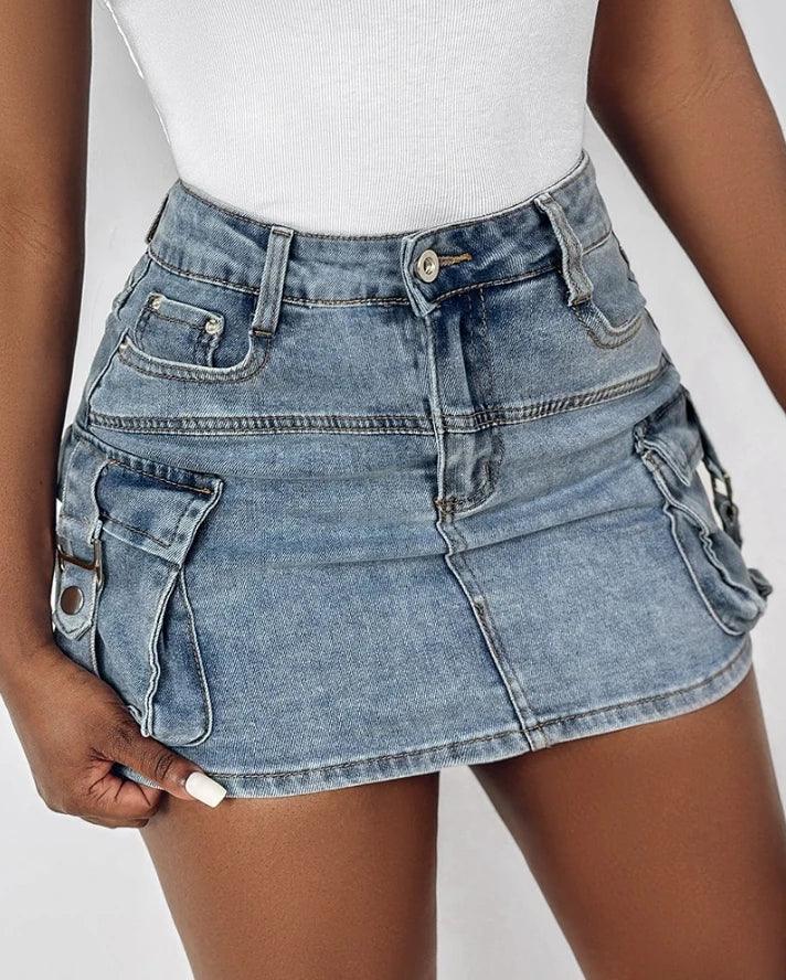 Women's New Fashion Pocket Design Buckled Denim Skirt Temperament Commuting 2024 Summer Female Casual Mini Skirts-THAT FASHION STORE