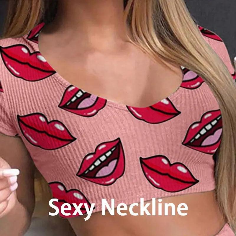 Summer Short Sexy Casual Lips Print Female Sleepwear Suit Pajamas 2pcs Top+Pants Skinng Women Homewear Underwear-THAT FASHION STORE