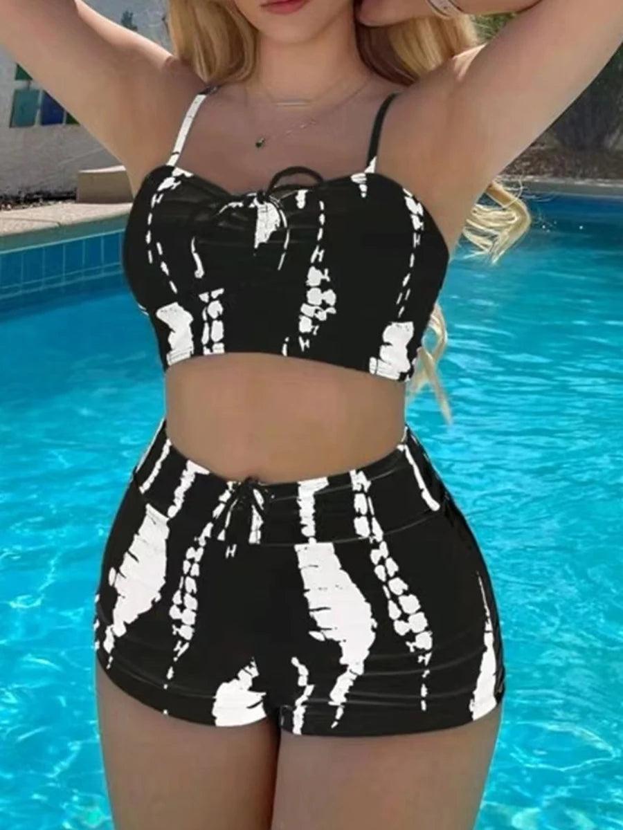 Drawstring Front Shorts Bikinis 2024 High Waist Swimsuit Women Swimwear Female Bathers Bathing Swimming Swim Suit Beachwear-THAT FASHION STORE