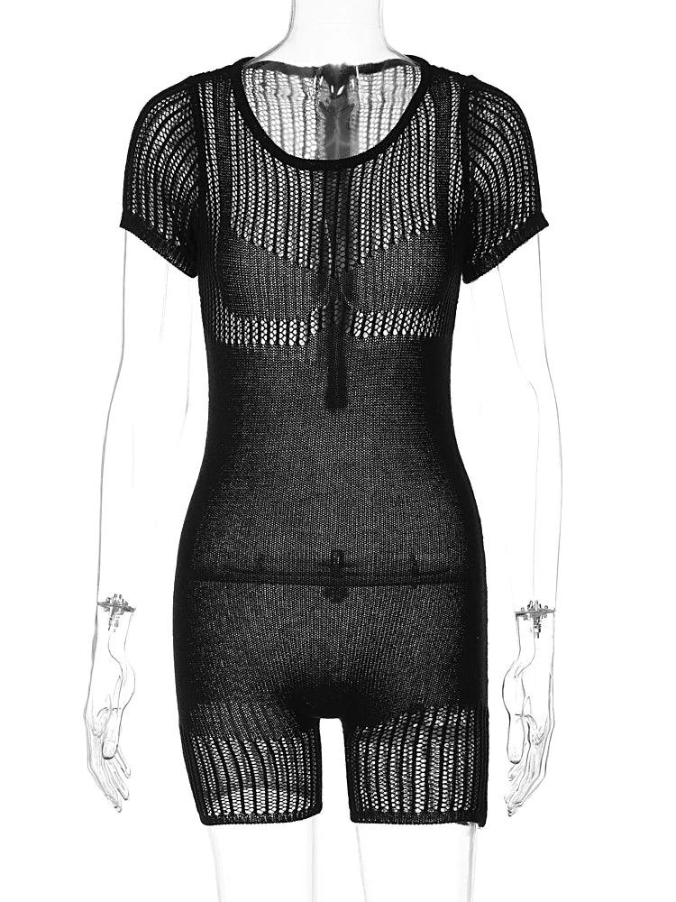 Hugcitar Solid Knitted Short Sleeve Zip Up Sexy Bodycon Skinny One Piece Playsuit 2023 Summer Fashion Streetwear Sport Romper-THAT FASHION STORE